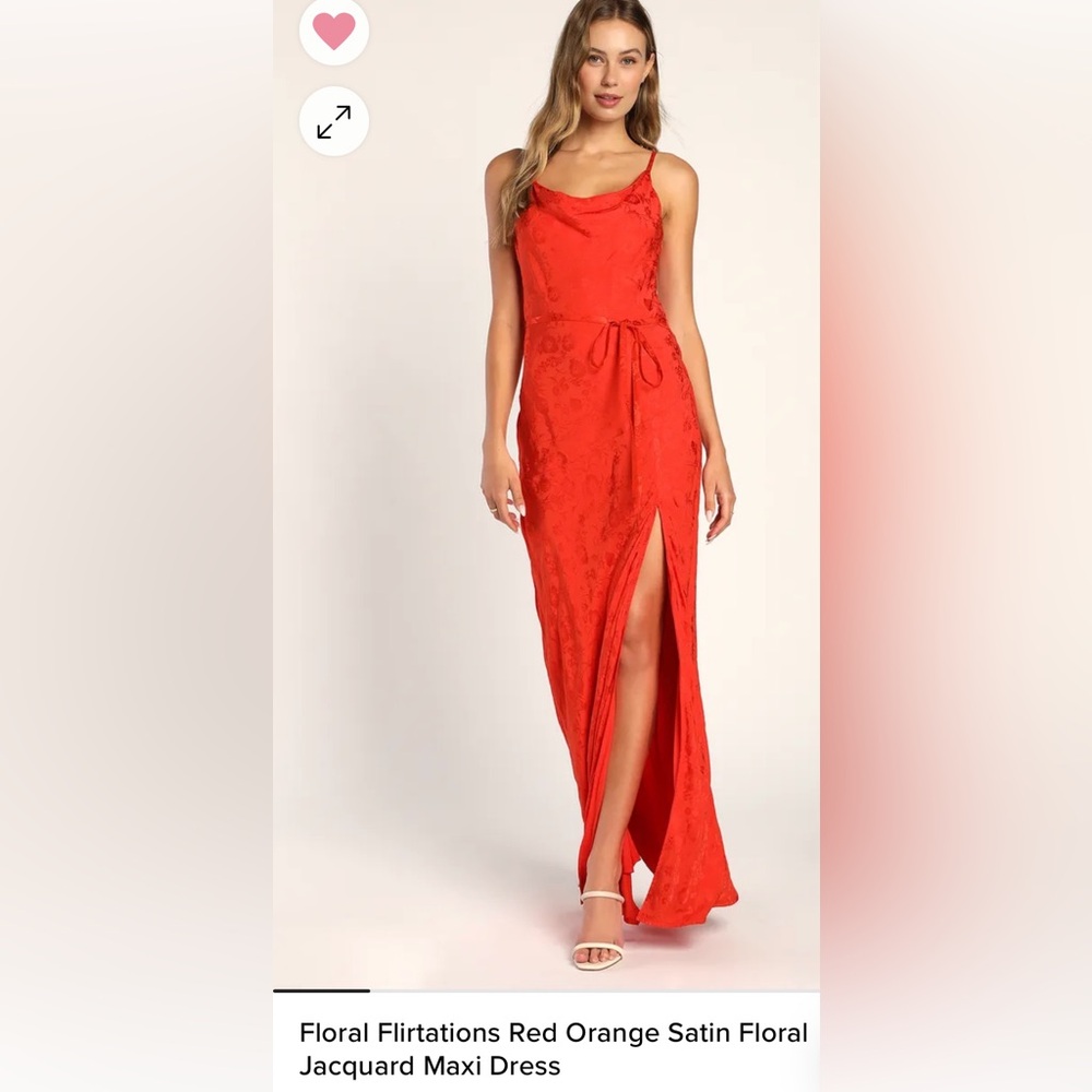 Lulus - Floral Flirtations Red Orange Satin Floral
Jacquard Maxi Dress - Large